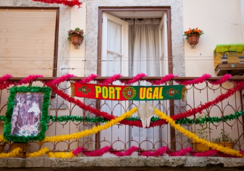 Balconies decorated for Santo António in Lisbon.
