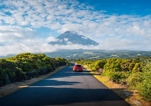 Car driving to Montanha do Pico in the Azores.