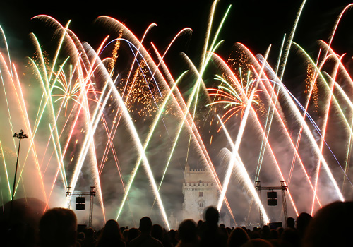 Colored Fireworks Night Lisbon Near Tower