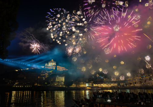 Fireworks over the Douro River during the São João festivities in Porto.