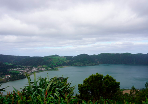 Panoramic view of a lagoon in the Azores, one of the must-see places to visit in Portugal