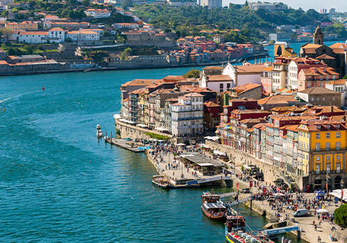 Panoramic closeup aerial view of Porto