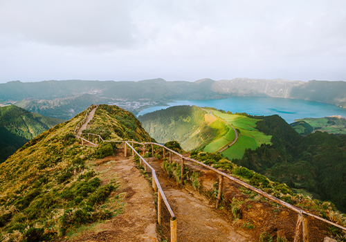 Scenic view from Miradouro da Boca do Inferno to crater lakes of 7 Cities