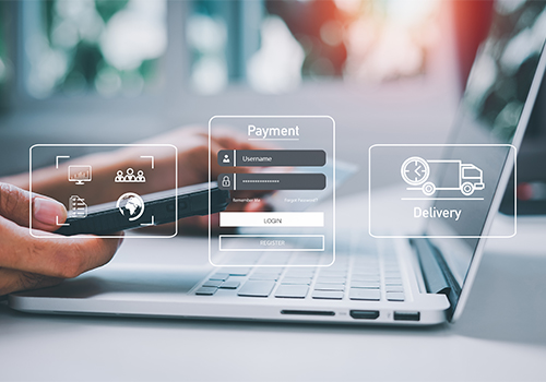 Icons for digital management and payments overlaid on computer and mobile background