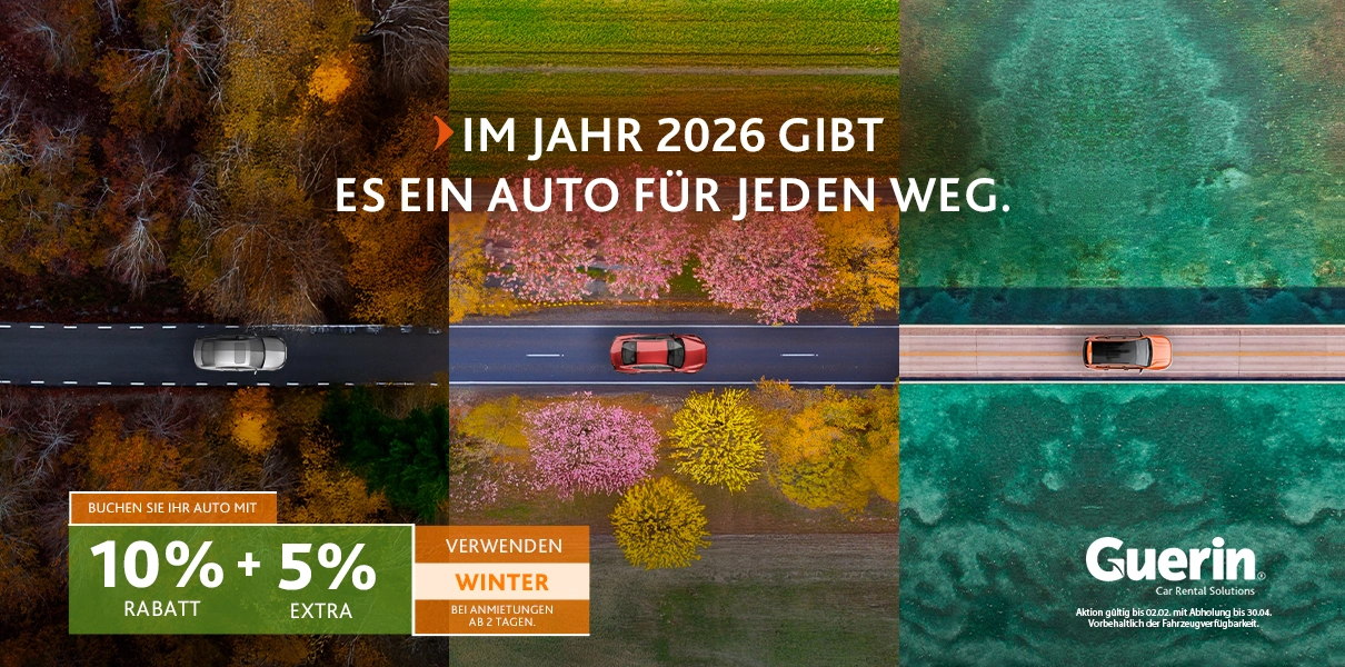 Luftaufnahme von Autos, die durch verschiedene Naturlandschaften fahren, als Symbol f&uuml;r die Guerin-Kampagne 2026 mit Mietwagenl&ouml;sungen f&uuml;r jede Route, einschlie&szlig;lich des Winter-Sonderrabatts.