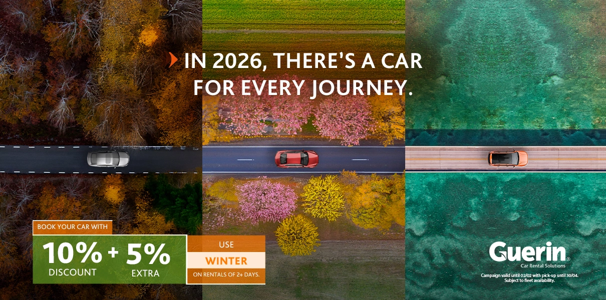 Aerial view of cars driving through different natural landscapes, representing the Guerin 2026 campaign with car hire solutions for every route, including the Winter promotional discount.