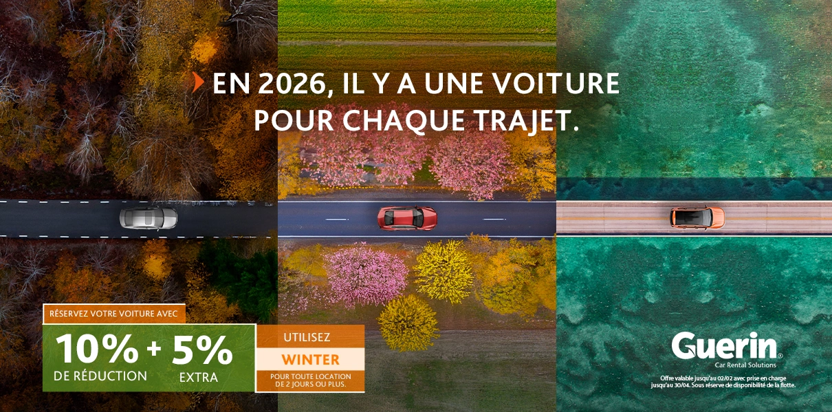 Vue a&eacute;rienne de voitures circulant &agrave; travers diff&eacute;rents paysages naturels, illustrant la campagne Guerin 2026 proposant des solutions de location de voitures pour chaque itin&eacute;raire, y compris la promotion Winter.