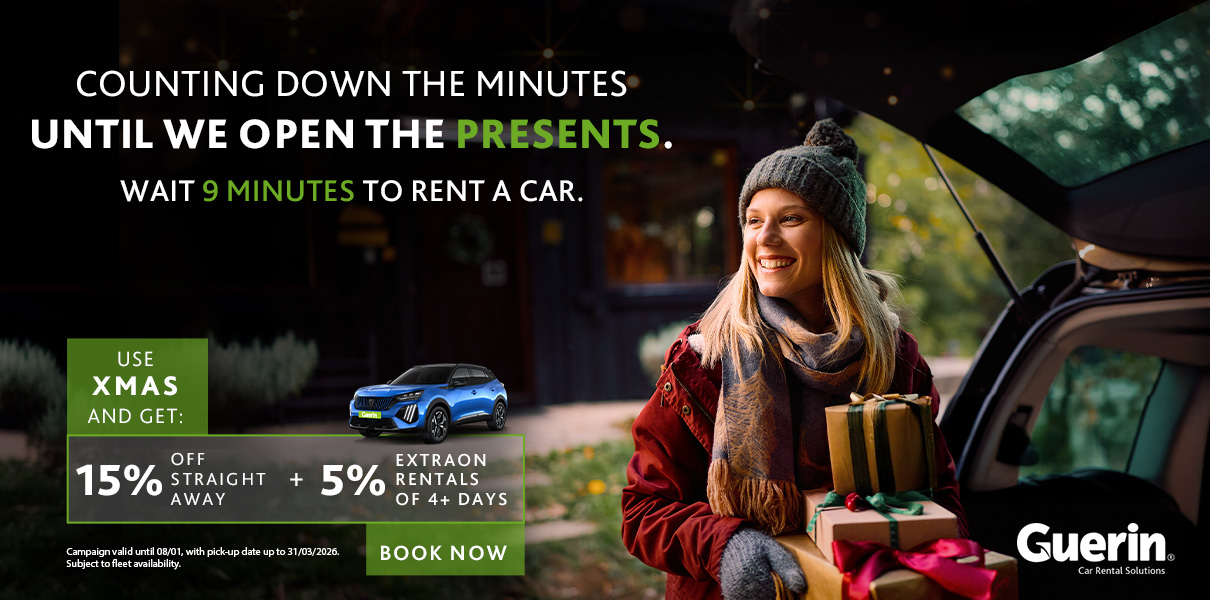 Woman smiling with Christmas gifts in her hands, taken from the rental car. Promotional text says: ‘Counting the minutes until opening the presents. Count 9 minutes to rent a car.’ Highlight: ‘Use XMAS and get 15% off instantly.